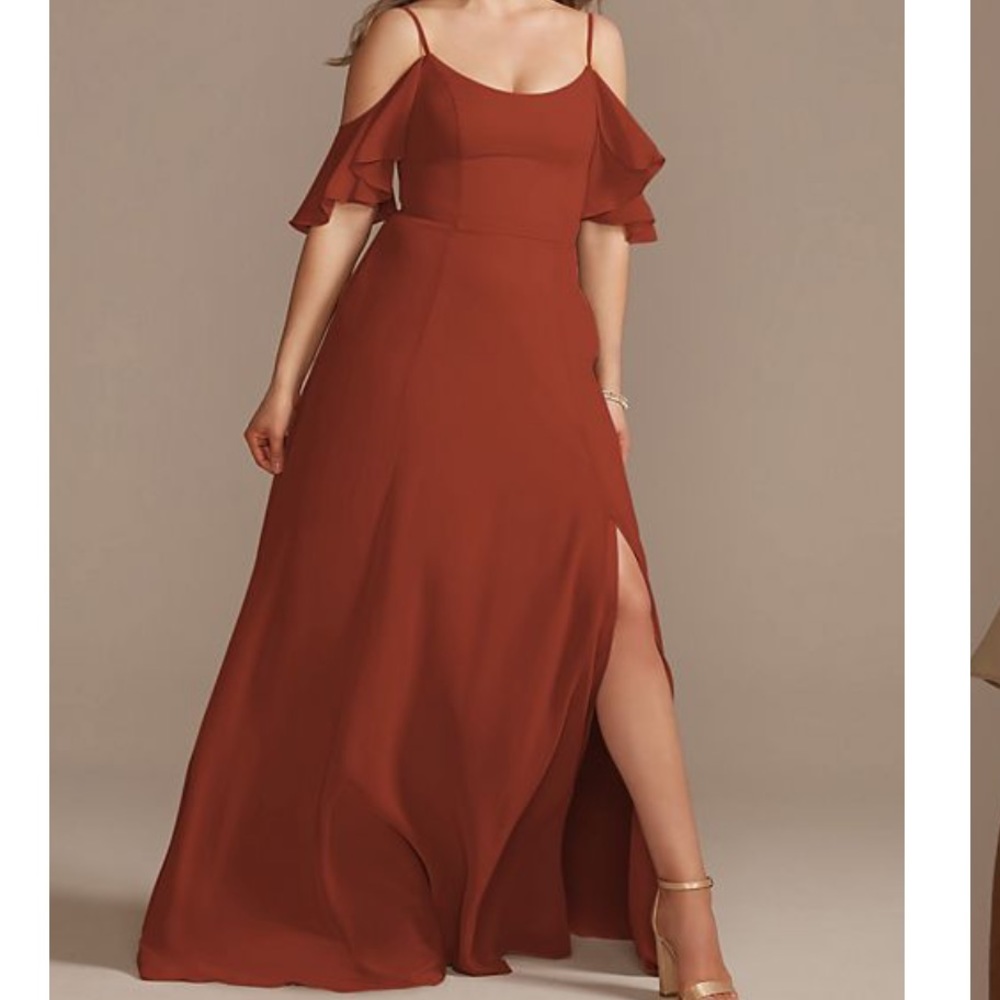 DAVIDS BRIDAL cold-shoulder chiffon bridesmaid dress size 6 in cinnamon
